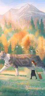 Fantasy art of a girl and giant cat in vibrant forest.