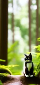 Black and white cat in serene green forest scene.