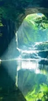 Serene forest cave with sunlight and water reflection.