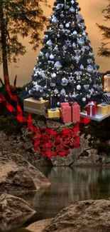 A decorated Christmas tree by a serene forest stream with gift boxes.