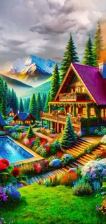 Charming cottage with pool in forest setting, vibrant flowers and mountains.