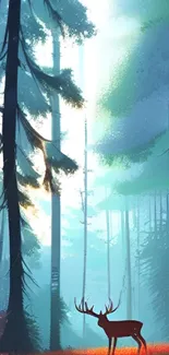 Majestic deer in serene, misty forest setting.