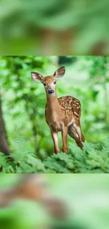 A young deer stands calmly in a lush green forest setting.