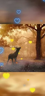 Deer in glowing forest with hearts floating.