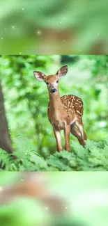 A young deer in a lush green forest setting.