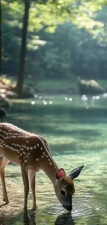 Deer drinking from a forest stream in tranquil surroundings.