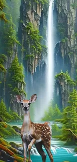 Forest wallpaper with a deer by a waterfall in lush greenery.