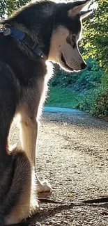 Dog on sunlit forest path, surrounded by greenery.