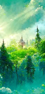 Serene forest wallpaper with sunlight rays and lush green trees in the background.