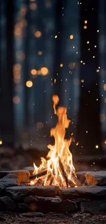 A serene campfire burning in a forest under a starry sky.