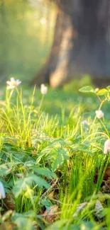 Mobile wallpaper of a serene forest with flowers and sunlight.