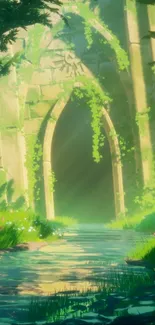 Serene forest wallpaper with ancient archway and lush greenery.