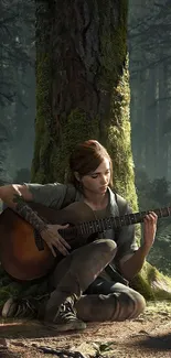 Person playing guitar under a tree in a green forest.