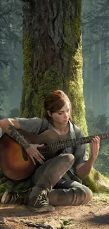 Person playing guitar under a tree in a forest.