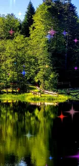 Serene forest lake with reflection and lush green trees, perfect for wallpaper.