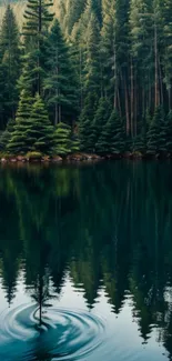 Serene forest with lake reflecting giant trees.