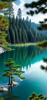 Scenic view of a calm forest lake with pine tree reflections.