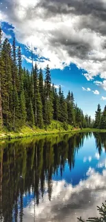 Serene forest lake reflection with vivid sky and trees.