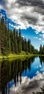 Calm forest lake with reflecting trees and dramatic clouds.