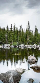 Peaceful lake with forest reflection and cloudy sky.