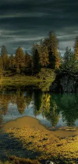 Serene forest lake with autumn trees reflecting in the water under a moody sky.