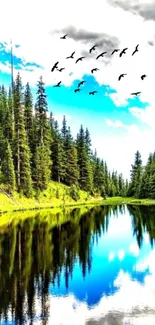 Serene lake with forest and birds in blue sky.