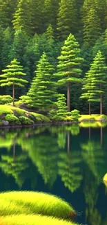 Serene forest lake with green trees and calm waters.