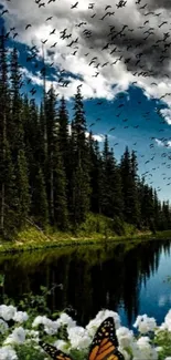 Tranquil forest lake with butterflies and birds flying under dramatic clouds.