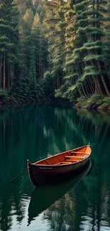 Wooden boat on a serene forest lake reflecting towering pine trees.