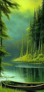 Serene forest lake with green hues and calm waters.