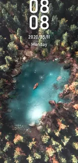 Kayak on a serene turquoise lake surrounded by a lush forest.