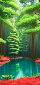 Serene forest lake with lush greenery and vibrant red foliage.