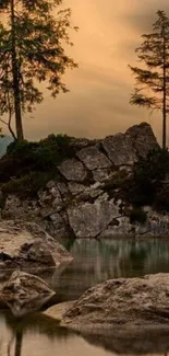 Nature landscape with rocks, trees, and tranquil water.