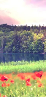 Serene lake with forest and red poppies mobile wallpaper.