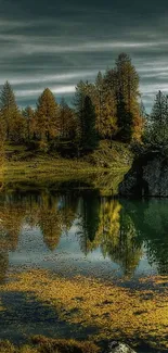 Serene forest lake with golden trees and reflections under a moody sky.