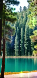 Turquoise lake surrounded by tall pine trees.