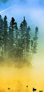 Misty forest with a lake and ducks at sunrise, creating a serene view.