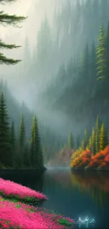 Serene forest lake wallpaper with evergreens and flowers.