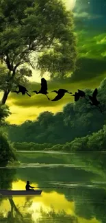 Serene forest lake at night with flying birds and reflection.
