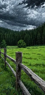 A lush green forest landscape with a wooden fence and dramatic cloudy sky.