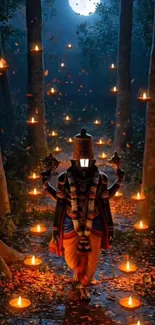 Illuminated forest with glowing lanterns at night.