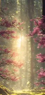 A mystical forest with pink blossoms and sunlight streaming through the trees.