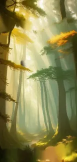 Mobile wallpaper of a forest with sunbeams through tall trees.