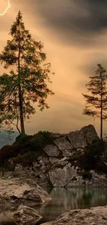 Serene forest with lightning illuminating trees and rocks at dusk.