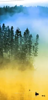 Serene misty forest with reflective lake.