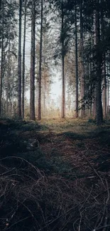 Serene forest with tall trees and lush greenery mobile wallpaper.