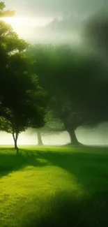 Serene morning light filtering through a misty forest with lush green grass.