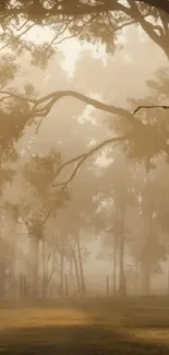 Misty forest with warm morning light and tranquil atmosphere.