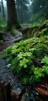 Lush green moss on a forest floor creates a serene natural scene.