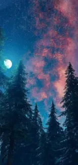 Serene forest under a colorful night sky with a glowing moon and stars.